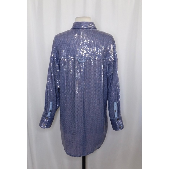 Anthropologie PILCRO Long-Sleeve Oversized Sequin Buttondown Blue Button Up XS - Picture 10 of 16
